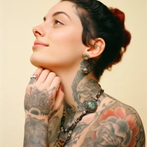 Close-up portrait of a woman with extensive tattoos on her neck, shoulders, and arms, gazing upward with a calm, confident expression. She has neatly styled dark hair pulled back, subtle natural makeup, and wears statement jewelry including a pendant necklace and dangling earrings. The soft, neutral background highlights her facial features and intricate tattoo art.