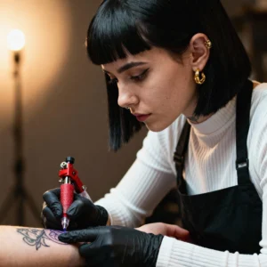 attoo artist creating a detailed black ink tattoo on a client’s arm using a tattoo machine, showcasing precision, artistry, and professional tattooing in a studio setting.